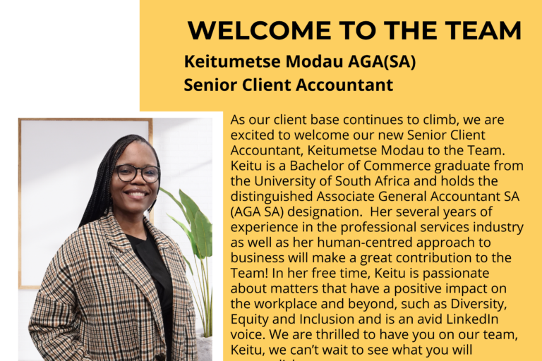 InterGest South Africa welcomes Keitumetse Modau, an accredited Associate General Accountant with over 8 years of experience. Keitumetse brings extensive knowledge and a human-centered approach to our accounting department, enhancing our commitment to exceptional client service. Learn more about her expertise and the positive impact she will have on our team.